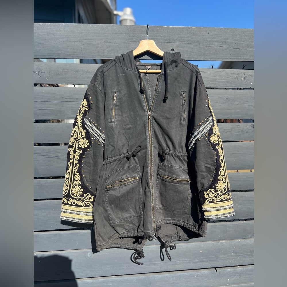 Free People Golden Quills Embellished Military Jacket in Black, S